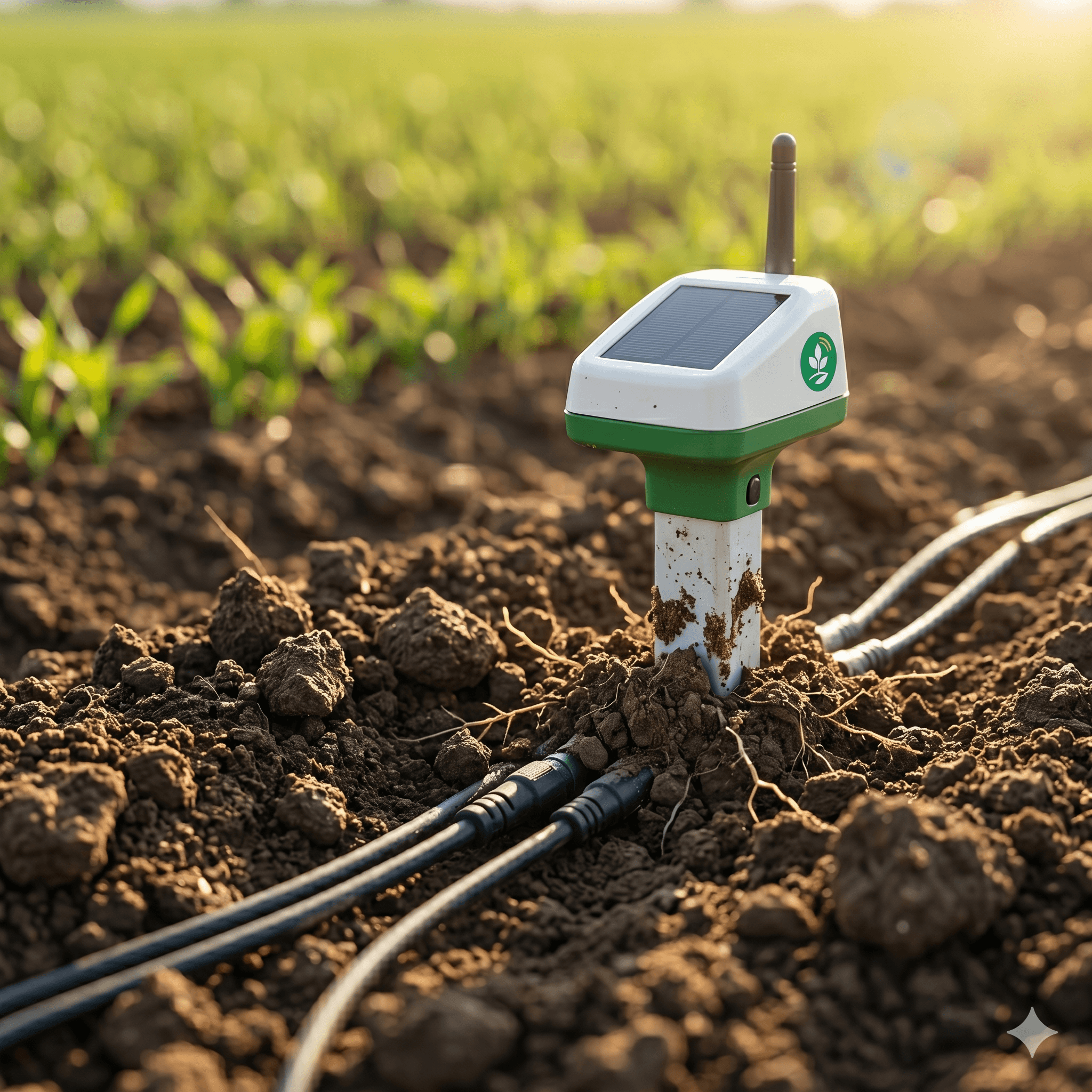 حساس FieldLink ذكي مزروع فالتراب باش يعبر الرطوبة (Smart FieldLink sensor planted in the soil to measure moisture).