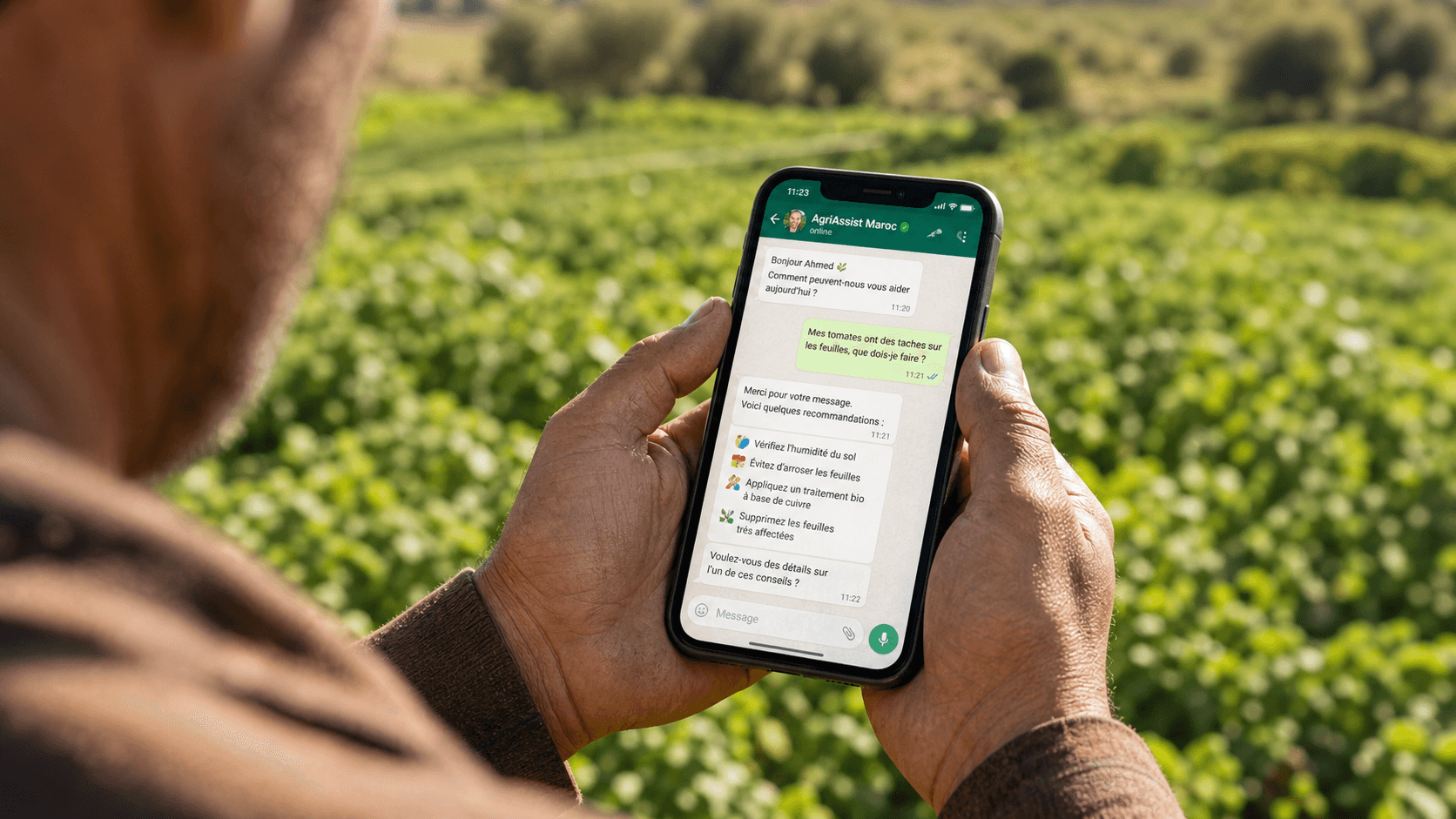 فلاح كيشوف تنبيه السقي من الذكاء الاصطناعي فواتساب (Farmer looking at GrowAI irrigation alert on WhatsApp).