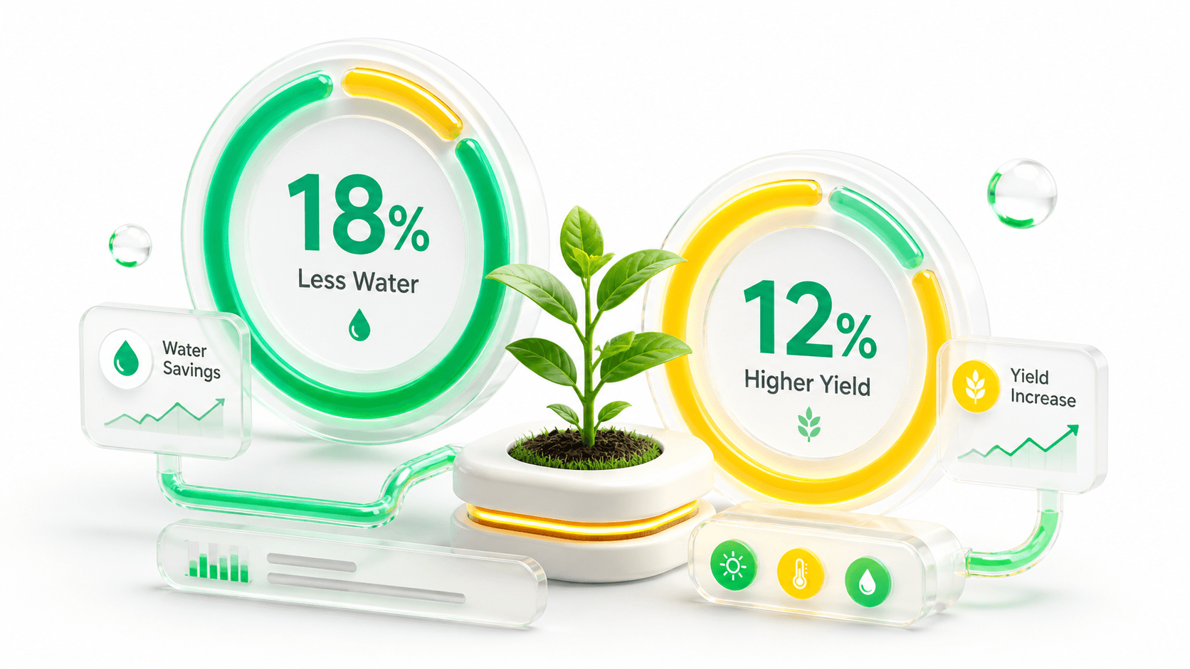 أيقونات خدمات MetaFarm: حساسات، سقي، واتساب، وتقارير (MetaFarm feature icons: sensors, irrigation, WhatsApp, and reports).