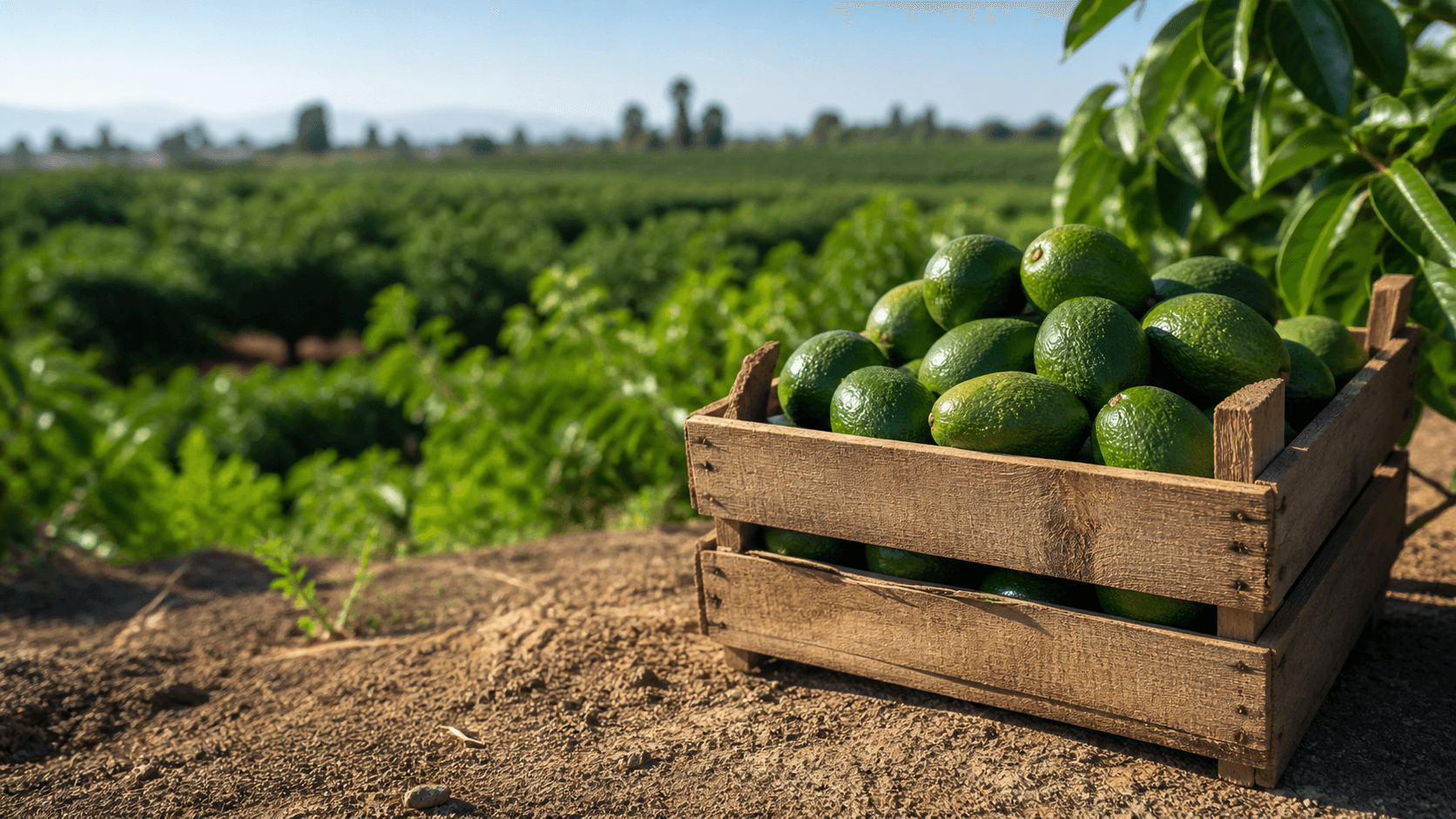 صندوق ديال لافوكا كيبين الزيادة فالمردودية (Crate of avocados showing increased agricultural yield).