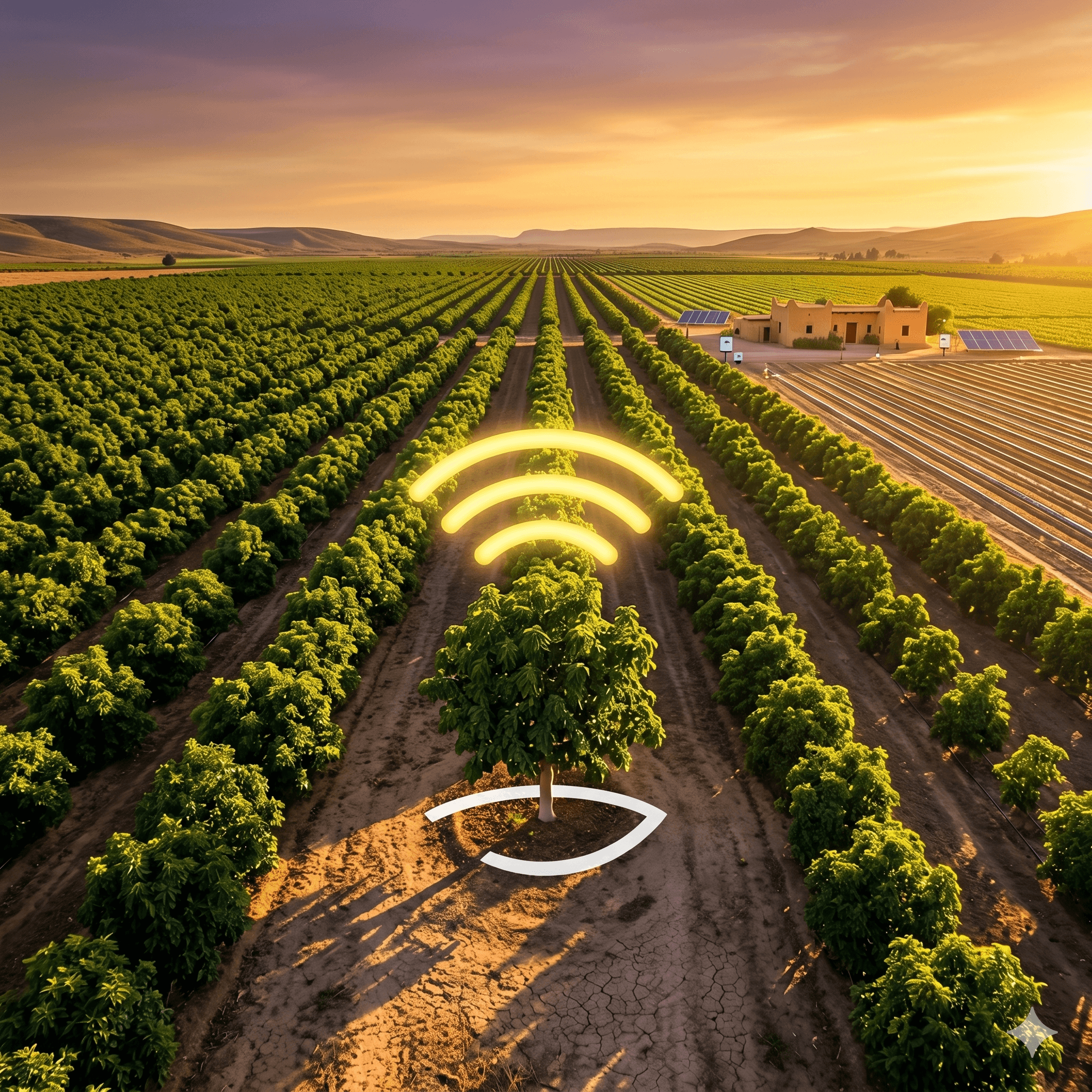 منظر من الفوق لفيرما مسقية مزيان وقت الغروب (Top drone view of a well-irrigated Moroccan farm at sunset).